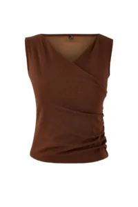 TRENDYOLMİLLA Brown Fitted Double breasted Sleeveless Shirred Scuba Crepe Knitting Blouse - Image 5
