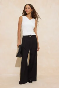 TRENDYOLMİLLA Ecru Fitted Double breasted Sleeveless Shirred Scuba Crepe Knitting Blouse - Image 2