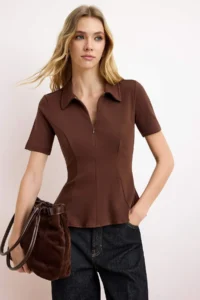 TRENDYOLMİLLA Dark Brown peplum Polo Shirt Collar Half Patch Zipper Short Sleeve interlock Knitting Blouse