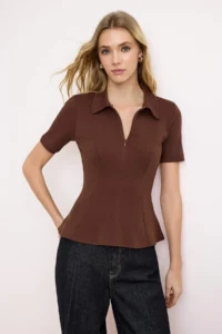 TRENDYOLMİLLA Dark Brown peplum Polo Shirt Collar Half Patch Zipper Short Sleeve interlock Knitting Blouse - Image 2