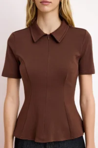 TRENDYOLMİLLA Dark Brown peplum Polo Shirt Collar Half Patch Zipper Short Sleeve interlock Knitting Blouse - Image 3