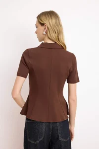 TRENDYOLMİLLA Dark Brown peplum Polo Shirt Collar Half Patch Zipper Short Sleeve interlock Knitting Blouse - Image 4