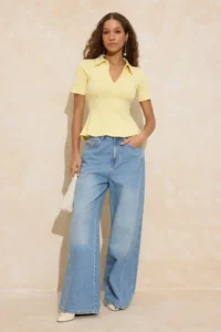TRENDYOLMİLLA Yellow peplum Polo Shirt Collar Half Patch Zipper Short Sleeve interlock Knitting Blouse - Image 2