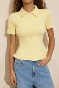 TRENDYOLMİLLA Yellow peplum Polo Shirt Collar Half Patch Zipper Short Sleeve interlock Knitting Blouse - Image 3