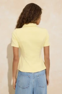 TRENDYOLMİLLA Yellow peplum Polo Shirt Collar Half Patch Zipper Short Sleeve interlock Knitting Blouse - Image 4