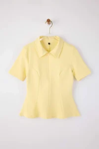 TRENDYOLMİLLA Yellow peplum Polo Shirt Collar Half Patch Zipper Short Sleeve interlock Knitting Blouse - Image 5
