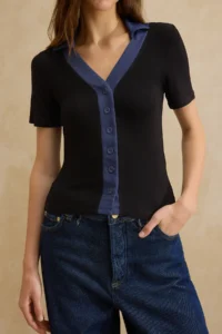 TRENDYOLMİLLA Black Color Blocked Fitted Polo Shirt Collar buttoned Garni Detailed Soft Knitting Blouse - Image 3