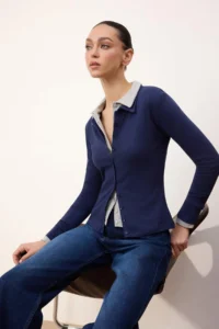 TRENDYOLMİLLA Wardrobe Essentials-Navy Blue Fitted Polo Shirt Collar Knitting Blouse