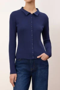 TRENDYOLMİLLA Wardrobe Essentials-Navy Blue Fitted Polo Shirt Collar Knitting Blouse - Image 3