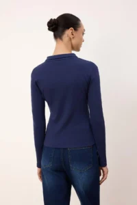 TRENDYOLMİLLA Wardrobe Essentials-Navy Blue Fitted Polo Shirt Collar Knitting Blouse - Image 4