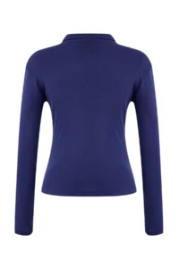TRENDYOLMİLLA Wardrobe Essentials-Navy Blue Fitted Polo Shirt Collar Knitting Blouse - Image 6