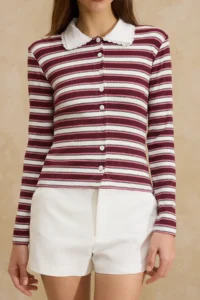 TRENDYOLMİLLA Multicolored Striped Fitted Polo Shirt Collar buttoned Ribbed Flexible Knitting Blouse - Image 3