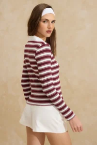 TRENDYOLMİLLA Multicolored Striped Fitted Polo Shirt Collar buttoned Ribbed Flexible Knitting Blouse - Image 4