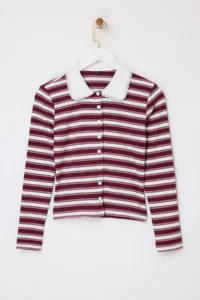 TRENDYOLMİLLA Multicolored Striped Fitted Polo Shirt Collar buttoned Ribbed Flexible Knitting Blouse - Image 5