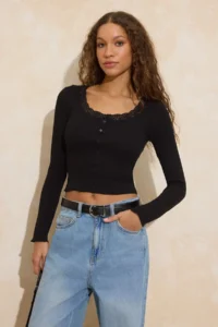 TRENDYOLMİLLA Black Fitted Cowl Neck Lace Detailed Ribbed Flexible Knitting Blouse