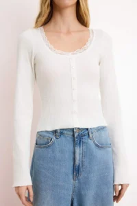 TRENDYOLMİLLA Ecru Fitted Cowl Neck Lace Detailed Ribbed Flexible Knitting Blouse - Image 3