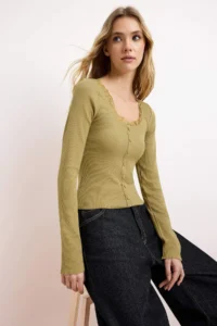 TRENDYOLMİLLA Khaki Fitted Cowl Neck Lace Detailed Ribbed Flexible Knitting Blouse - Image 2