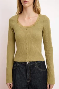 TRENDYOLMİLLA Khaki Fitted Cowl Neck Lace Detailed Ribbed Flexible Knitting Blouse - Image 3