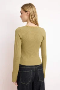 TRENDYOLMİLLA Khaki Fitted Cowl Neck Lace Detailed Ribbed Flexible Knitting Blouse - Image 4