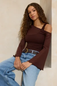 TRENDYOLMİLLA Brown Fitted Asymmetric Collar Long Sleeve Shirred Tulle Knitting Blouse - Image 2