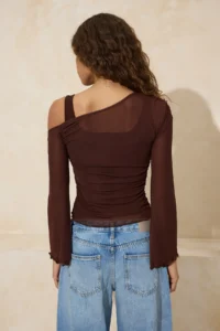 TRENDYOLMİLLA Brown Fitted Asymmetric Collar Long Sleeve Shirred Tulle Knitting Blouse - Image 4