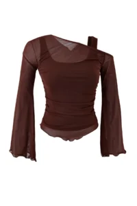 TRENDYOLMİLLA Brown Fitted Asymmetric Collar Long Sleeve Shirred Tulle Knitting Blouse - Image 5