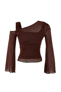 TRENDYOLMİLLA Brown Fitted Asymmetric Collar Long Sleeve Shirred Tulle Knitting Blouse - Image 6