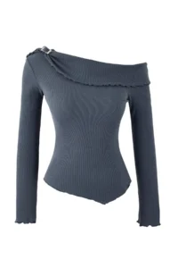 TRENDYOLMİLLA Anthracite Fitted Asymmetric Collar Accessory Detailed Ribbed Flexible Knitting Blouse - Image 5