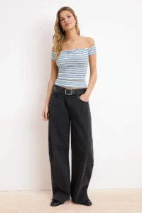 TRENDYOLMİLLA Mavi Striped Fitted Carmen Collar Shirred Ribbed Flexible Knitting Blouse - Image 2