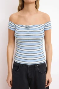 TRENDYOLMİLLA Mavi Striped Fitted Carmen Collar Shirred Ribbed Flexible Knitting Blouse - Image 3