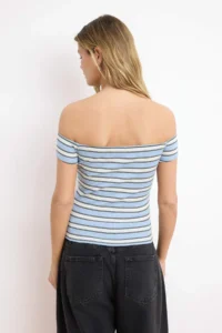 TRENDYOLMİLLA Mavi Striped Fitted Carmen Collar Shirred Ribbed Flexible Knitting Blouse - Image 4
