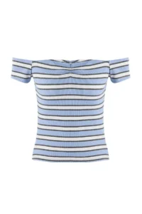 TRENDYOLMİLLA Mavi Striped Fitted Carmen Collar Shirred Ribbed Flexible Knitting Blouse - Image 5