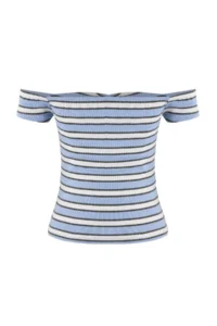 TRENDYOLMİLLA Mavi Striped Fitted Carmen Collar Shirred Ribbed Flexible Knitting Blouse - Image 6