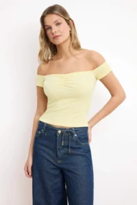 TRENDYOLMİLLA Yellow Fitted Carmen Collar Short Sleeve Shirred Ribbed Flexible Knitting Blouse - Image 2