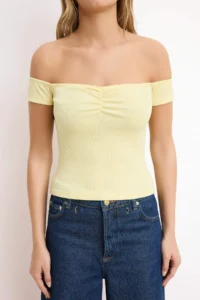 TRENDYOLMİLLA Yellow Fitted Carmen Collar Short Sleeve Shirred Ribbed Flexible Knitting Blouse - Image 3