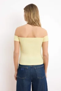 TRENDYOLMİLLA Yellow Fitted Carmen Collar Short Sleeve Shirred Ribbed Flexible Knitting Blouse - Image 4