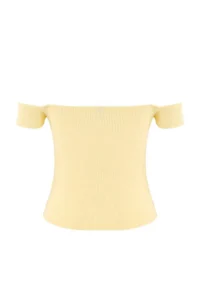 TRENDYOLMİLLA Yellow Fitted Carmen Collar Short Sleeve Shirred Ribbed Flexible Knitting Blouse - Image 6