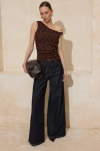TRENDYOLMİLLA Brown Fitted Asymmetric Collar Drop Sleeve Sleeveless Lace Knitting Blouse - Image 2
