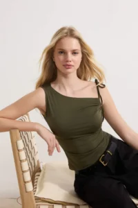 TRENDYOLMİLLA Khaki Fitted Asymmetric Collar Sleeveless Binding Detailed Flexible Knitting Blouse - Image 2
