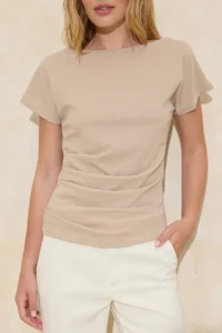 TRENDYOLMİLLA Stone Fitted Boat Neck Drop Sleeve Short Sleeve Scuba Crepe Knitting Blouse - Image 3