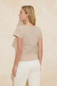 TRENDYOLMİLLA Stone Fitted Boat Neck Drop Sleeve Short Sleeve Scuba Crepe Knitting Blouse - Image 4