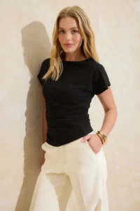 TRENDYOLMİLLA Black Fitted Boat Neck Drop Sleeve Short Sleeve Scuba Crepe Knitting Blouse