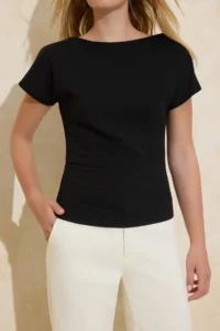 TRENDYOLMİLLA Black Fitted Boat Neck Drop Sleeve Short Sleeve Scuba Crepe Knitting Blouse - Image 3