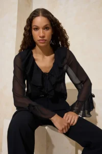 TRENDYOLMİLLA Black Ruffle Detailed Transparent Siphon Weaving Blouse - Image 2