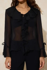 TRENDYOLMİLLA Black Ruffle Detailed Transparent Siphon Weaving Blouse - Image 3