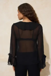 TRENDYOLMİLLA Black Ruffle Detailed Transparent Siphon Weaving Blouse - Image 4
