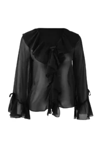 TRENDYOLMİLLA Black Ruffle Detailed Transparent Siphon Weaving Blouse - Image 5
