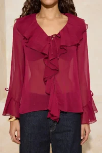 TRENDYOLMİLLA Burgundy Ruffle Detailed Transparent Siphon Weaving Blouse - Image 3