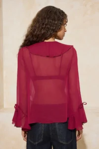 TRENDYOLMİLLA Burgundy Ruffle Detailed Transparent Siphon Weaving Blouse - Image 4