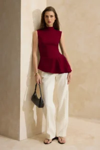 TRENDYOLMİLLA Burgundy Asymmetric Godeli Dog collar Weaving Blouse - Image 5